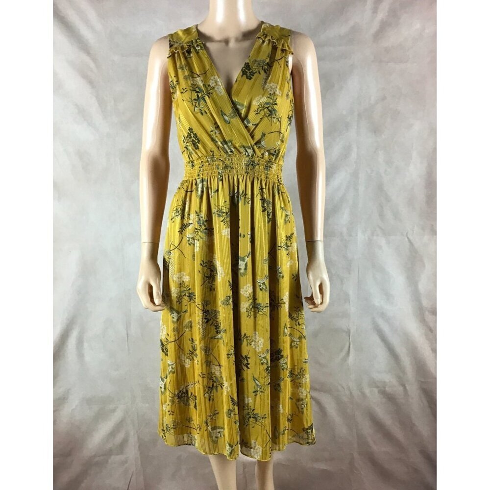 LONDON TIMES Golden Floral Smocked Midi Dress Size 2